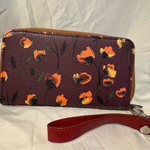 Burgundy Floral Print Zip-Around Wallet with Wristlet